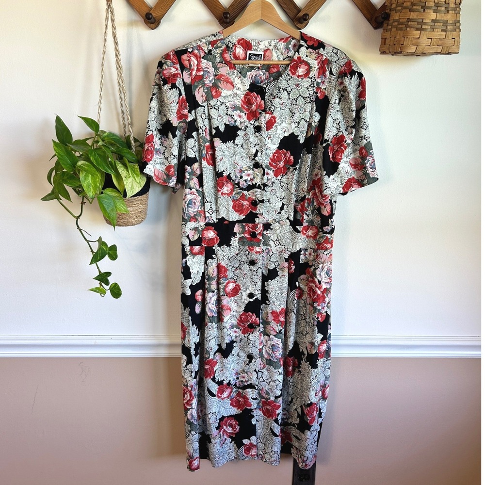 Vintage Special Effects Floral Lace Print Rayon Midi Dress Red Black Size 20W